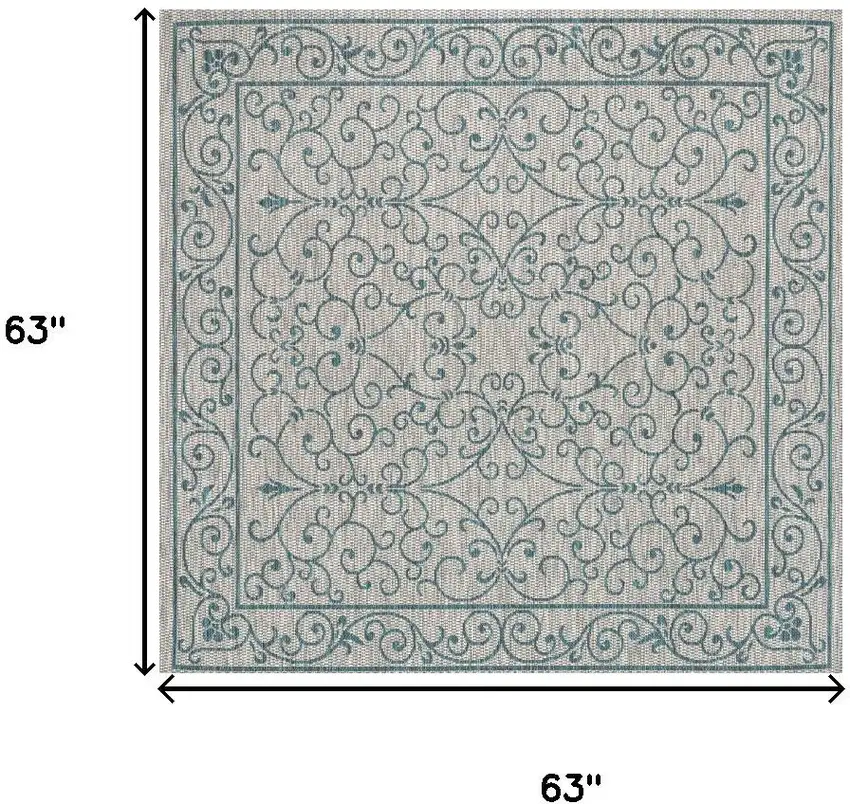 5' Gray And Teal Blue Square Medallion Indoor Outdoor Area Rug Photo 8