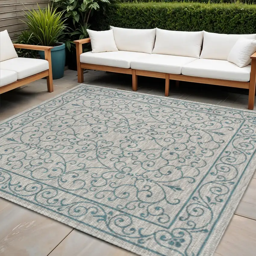 5' Gray And Teal Blue Square Medallion Indoor Outdoor Area Rug Photo 1