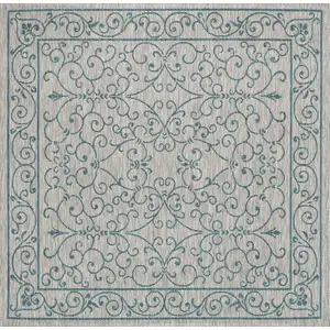 Photo of 6' Gray And Teal Blue Square Medallion Indoor Outdoor Area Rug