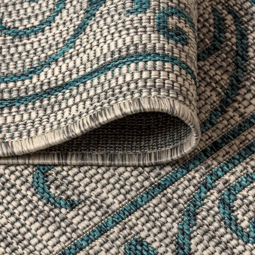 8' Gray And Teal Blue Square Medallion Indoor Outdoor Area Rug Photo 7
