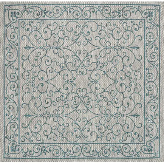 9' Gray And Teal Blue Square Medallion Indoor Outdoor Area Rug Photo 1
