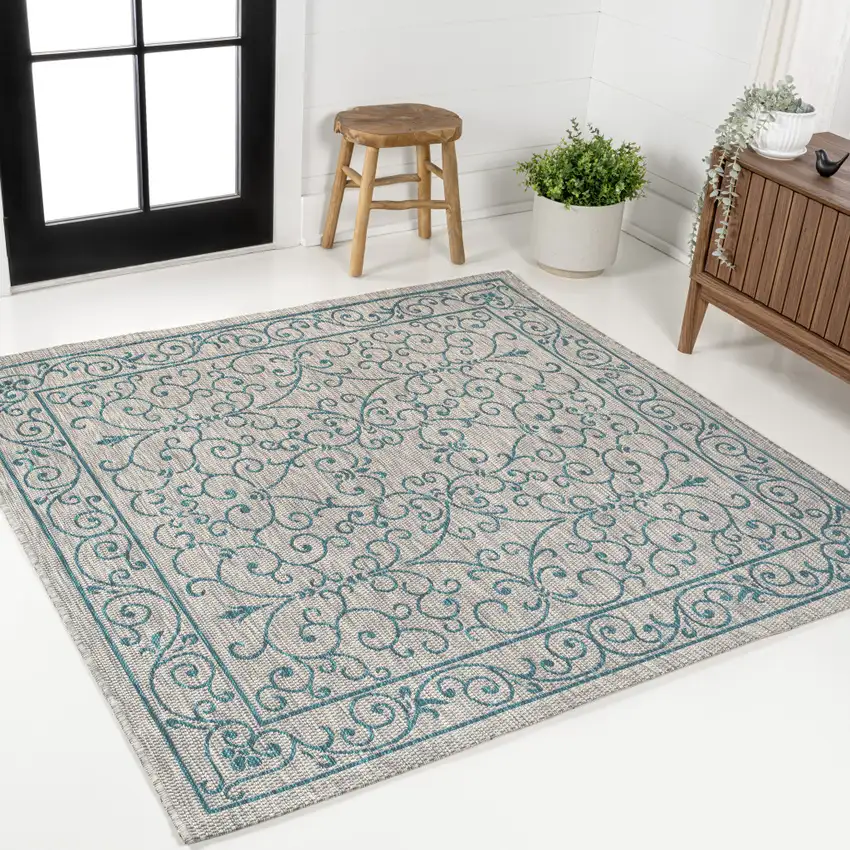 9' Gray And Teal Blue Square Medallion Indoor Outdoor Area Rug Photo 4
