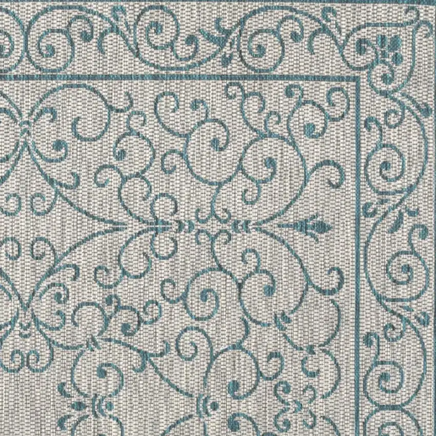9' Gray And Teal Blue Square Medallion Indoor Outdoor Area Rug Photo 3
