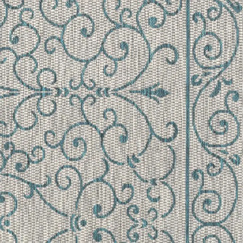 9' Gray And Teal Blue Square Medallion Indoor Outdoor Area Rug Photo 2