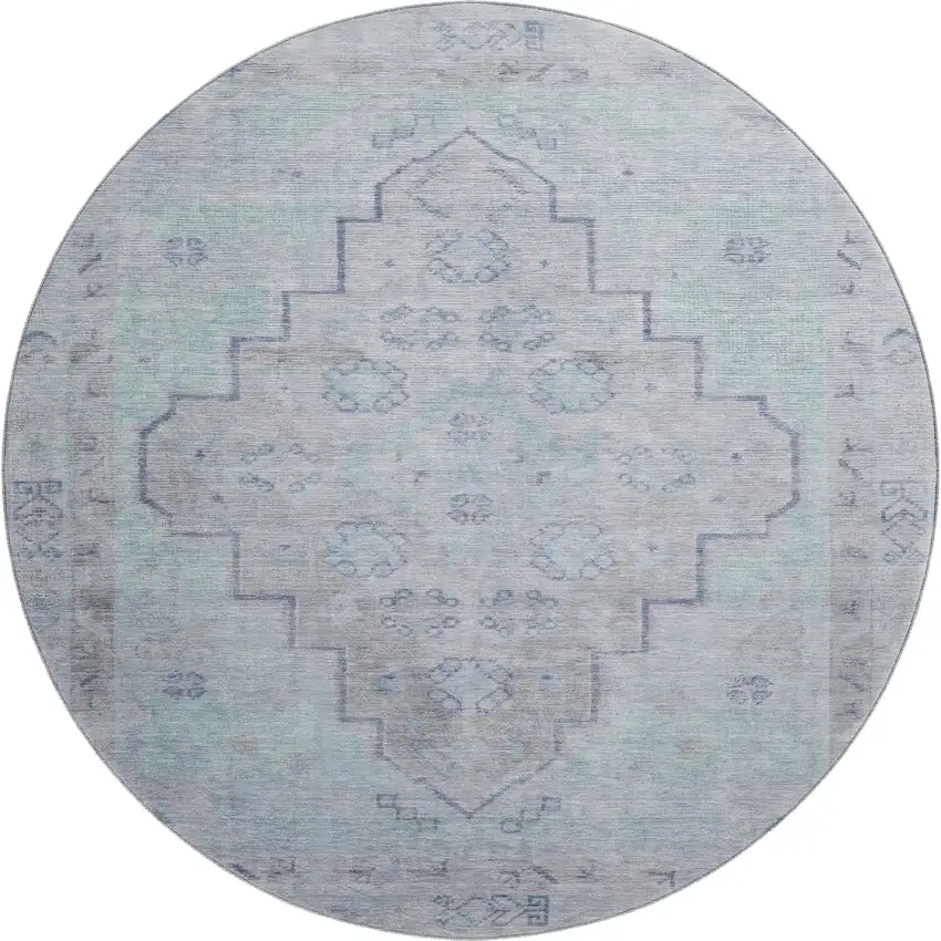 8' Gray And Teal Medallion Washable Round Rug With UV Protection Photo 1