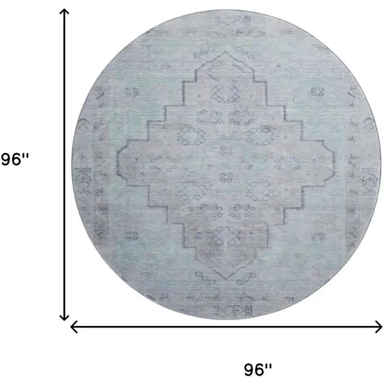 8' Gray And Teal Medallion Washable Round Rug With UV Protection Photo 9