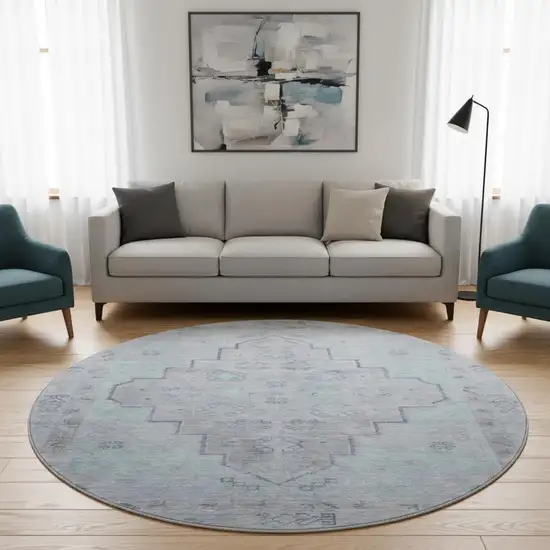 8' Gray And Teal Medallion Washable Round Rug With UV Protection Photo 2