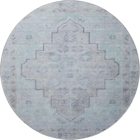 8' Gray And Teal Medallion Washable Round Rug With UV Protection Photo 3