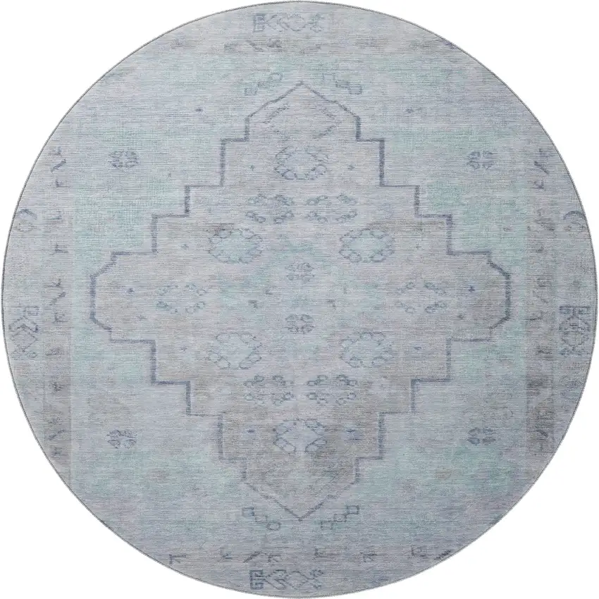 8' Gray And Teal Medallion Washable Round Rug With UV Protection Photo 3