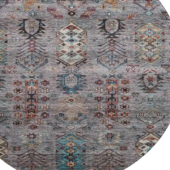 8' Gray And Teal Southwestern Washable Round Rug With UV Protection Photo 3