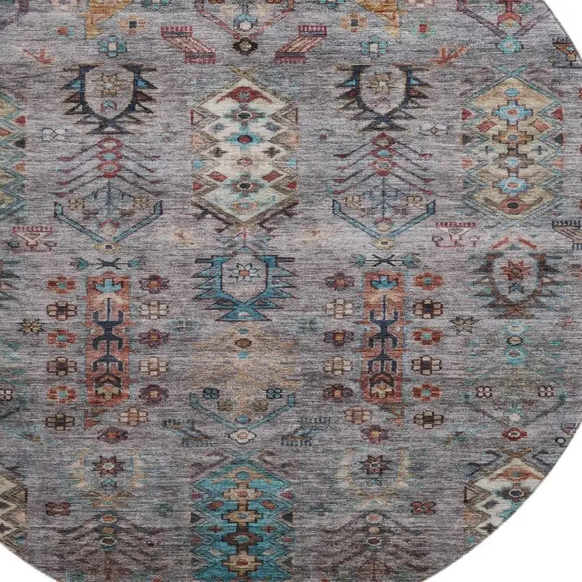 8' Gray And Teal Southwestern Washable Round Rug With UV Protection Photo 3