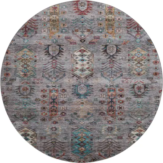 8' Gray And Teal Southwestern Washable Round Rug With UV Protection Photo 1