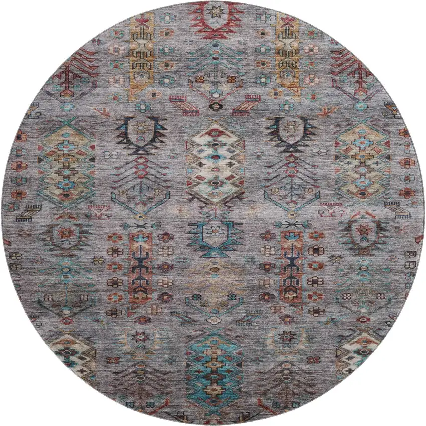 8' Gray And Teal Southwestern Washable Round Rug With UV Protection Photo 1