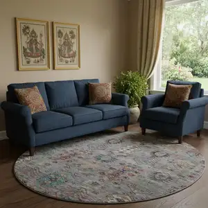 Photo of 8' Gray And Teal Southwestern Washable Round Rug With UV Protection