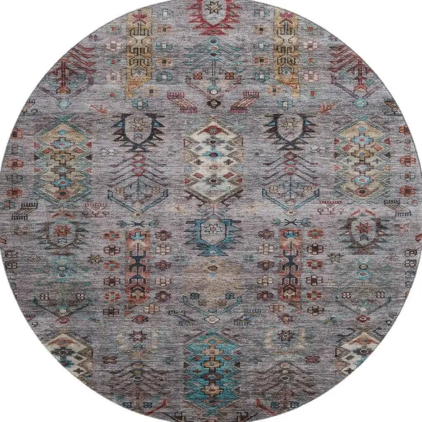 8' Gray And Teal Southwestern Washable Round Rug With UV Protection Photo 4