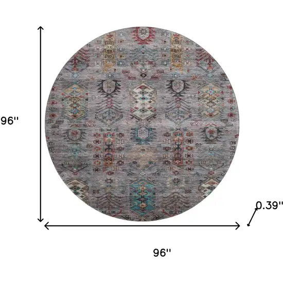 8' Gray And Teal Southwestern Washable Round Rug With UV Protection Photo 8