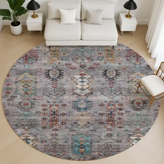 8' Gray And Teal Southwestern Washable Round Rug With UV Protection Photo 5