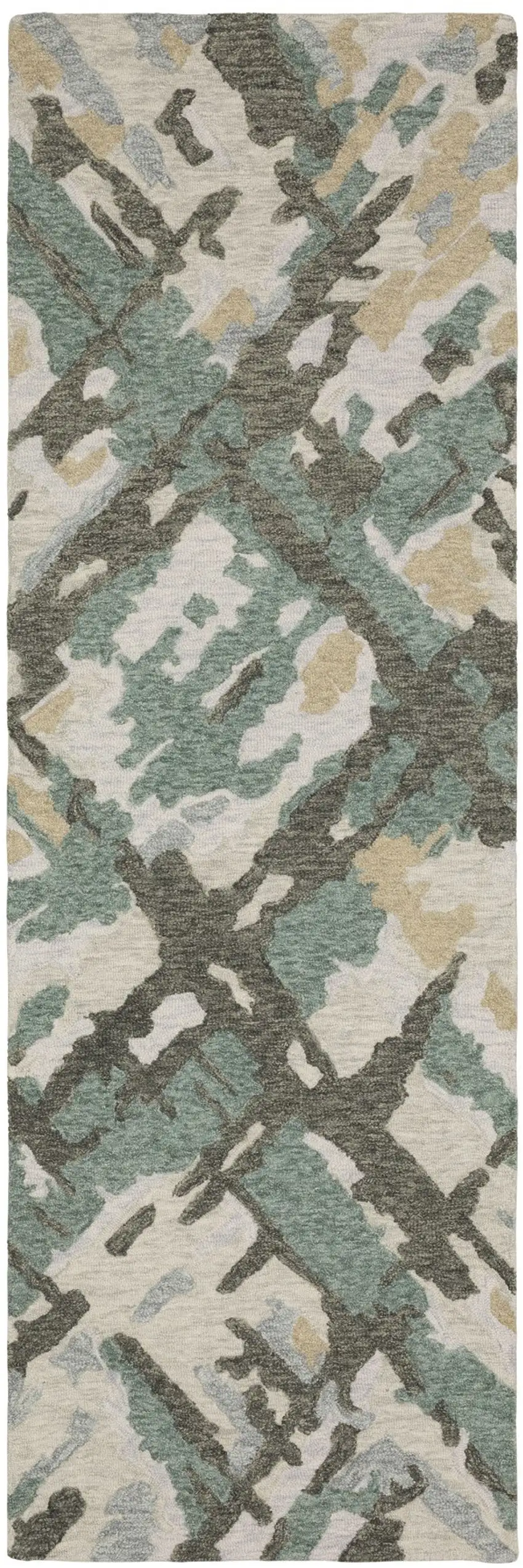 8' Gray And Teal Wool Abstract Hand Tufted Runner Rug Photo 2