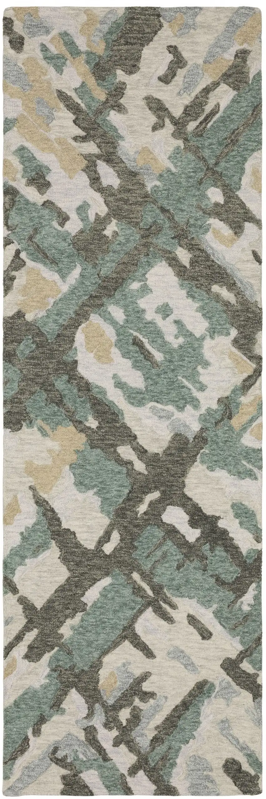 8' Gray And Teal Wool Abstract Hand Tufted Runner Rug Photo 5