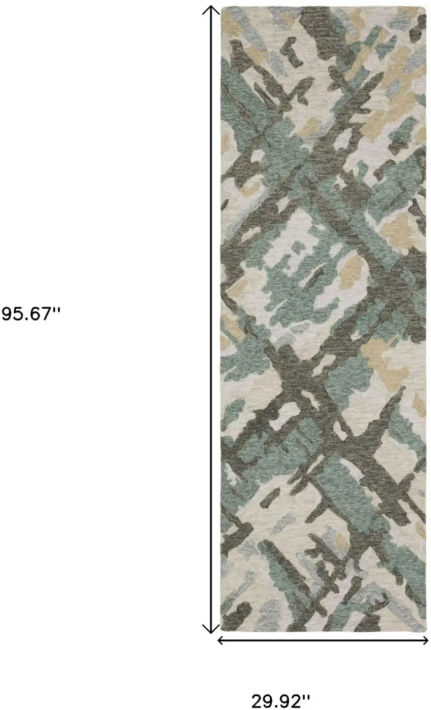 8' Gray And Teal Wool Abstract Hand Tufted Runner Rug Photo 3