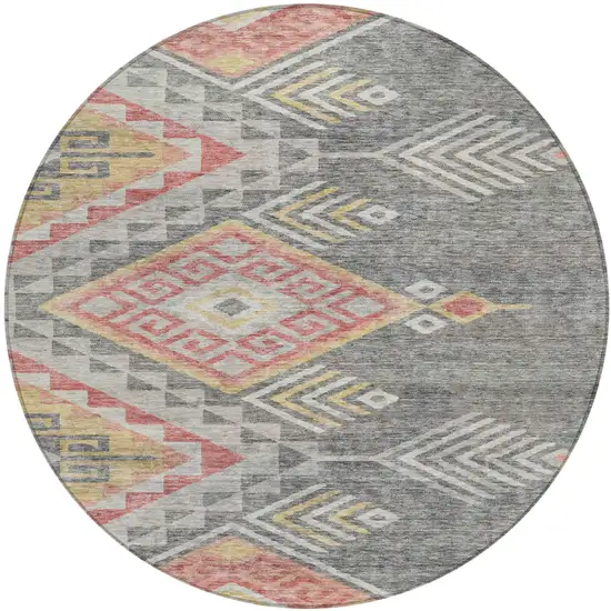 8' Gray And Terra Cotta Round Southwestern Washable Indoor Outdoor Area Rug Photo 2