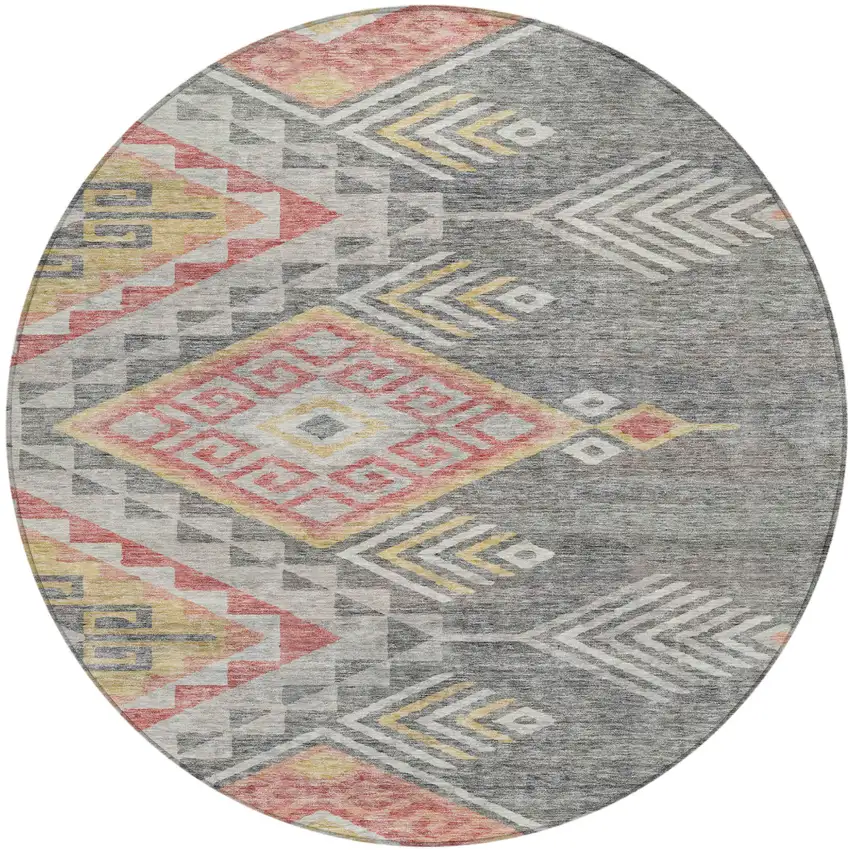 8' Gray And Terra Cotta Round Southwestern Washable Indoor Outdoor Area Rug Photo 2