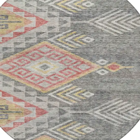 8' Gray And Terra Cotta Round Southwestern Washable Indoor Outdoor Area Rug Photo 6