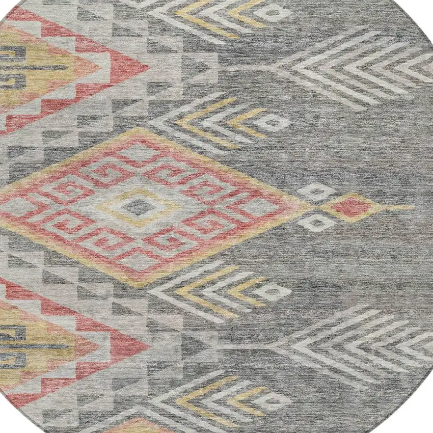 8' Gray And Terra Cotta Round Southwestern Washable Indoor Outdoor Area Rug Photo 6