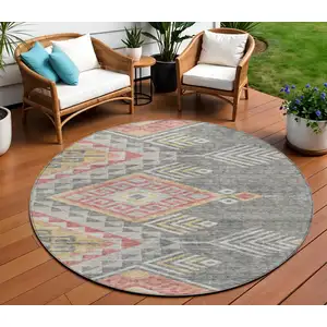 Photo of 8' Gray And Terra Cotta Round Southwestern Washable Indoor Outdoor Area Rug