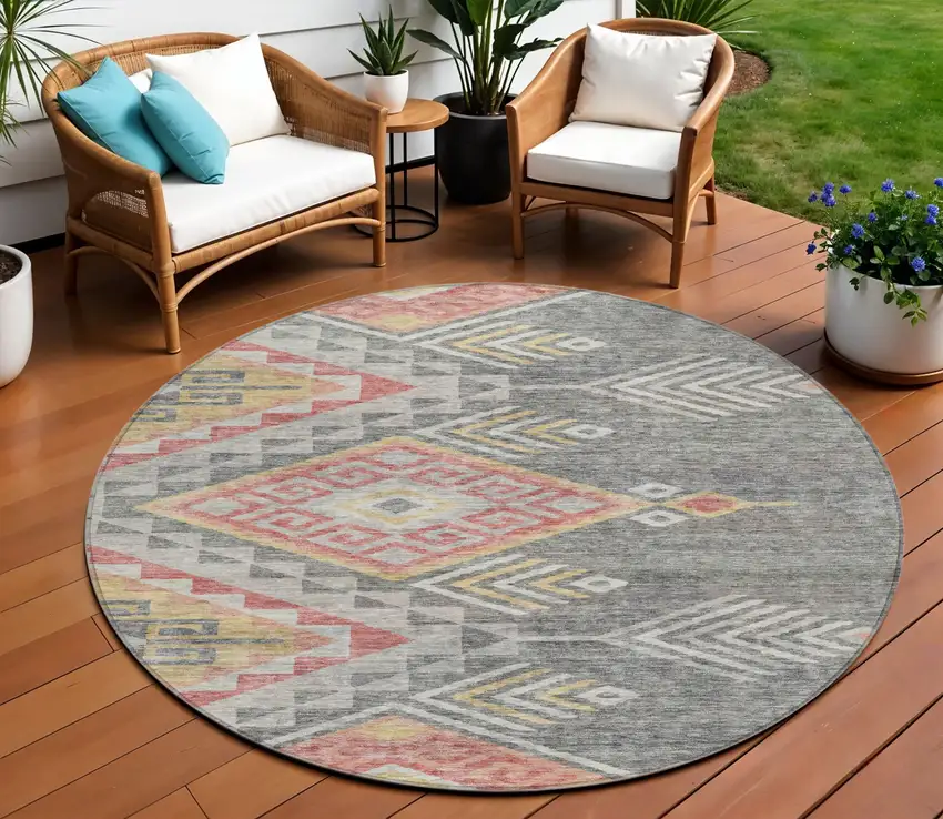 8' Gray And Terra Cotta Round Southwestern Washable Indoor Outdoor Area Rug Photo 1
