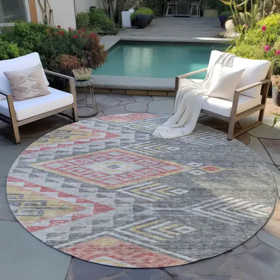 8' Gray And Terra Cotta Round Southwestern Washable Indoor Outdoor Area Rug Photo 8