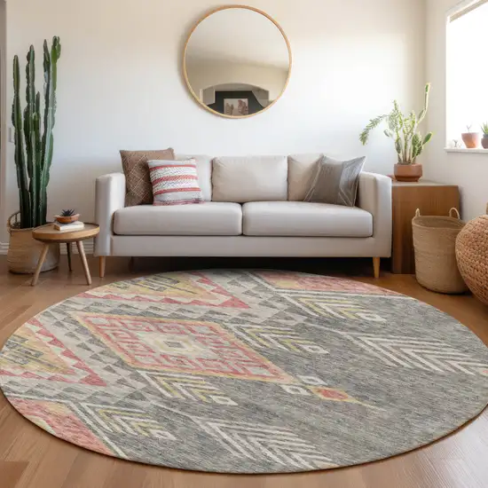 8' Gray And Terra Cotta Round Southwestern Washable Indoor Outdoor Area Rug Photo 9