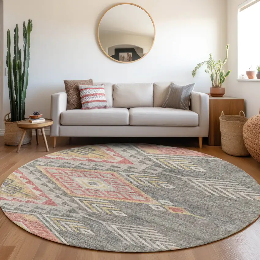 8' Gray And Terra Cotta Round Southwestern Washable Indoor Outdoor Area Rug Photo 9