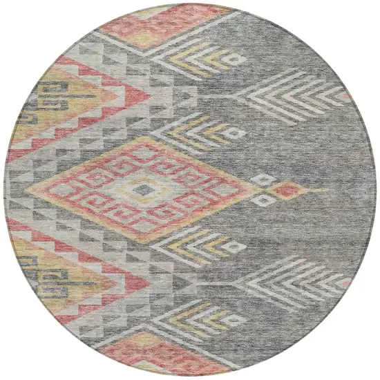 8' Gray And Terra Cotta Round Southwestern Washable Indoor Outdoor Area Rug Photo 7