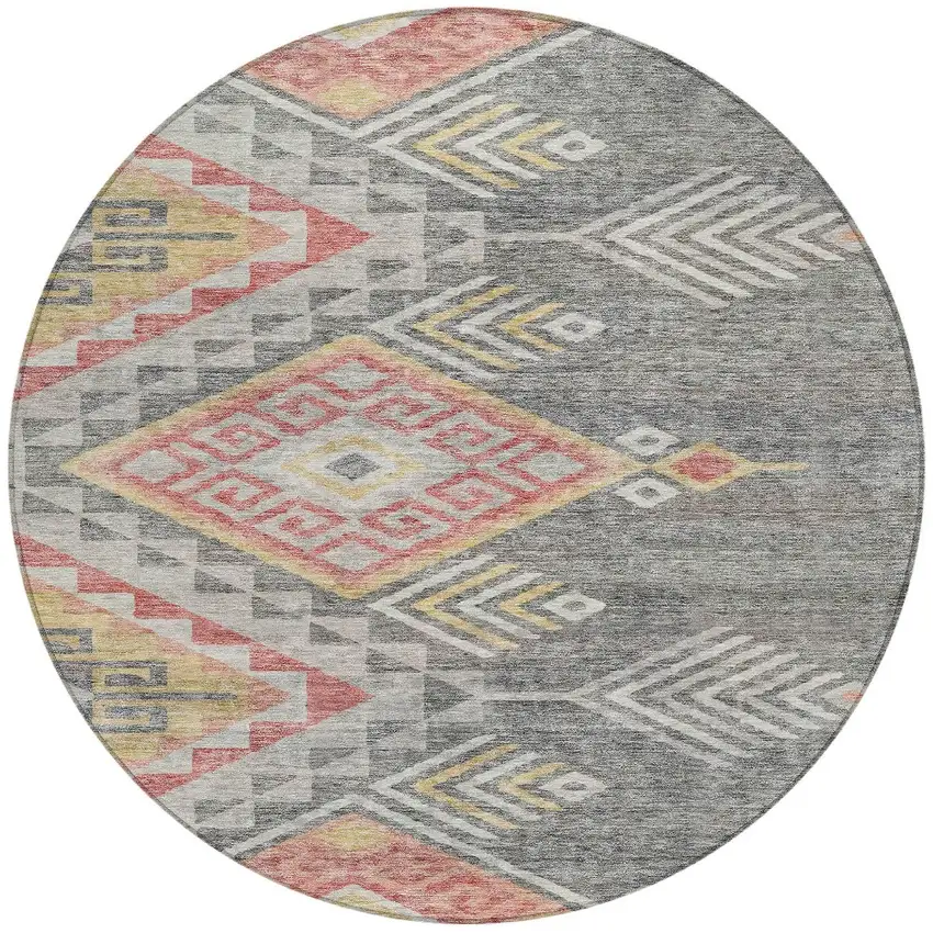 8' Gray And Terra Cotta Round Southwestern Washable Indoor Outdoor Area Rug Photo 7