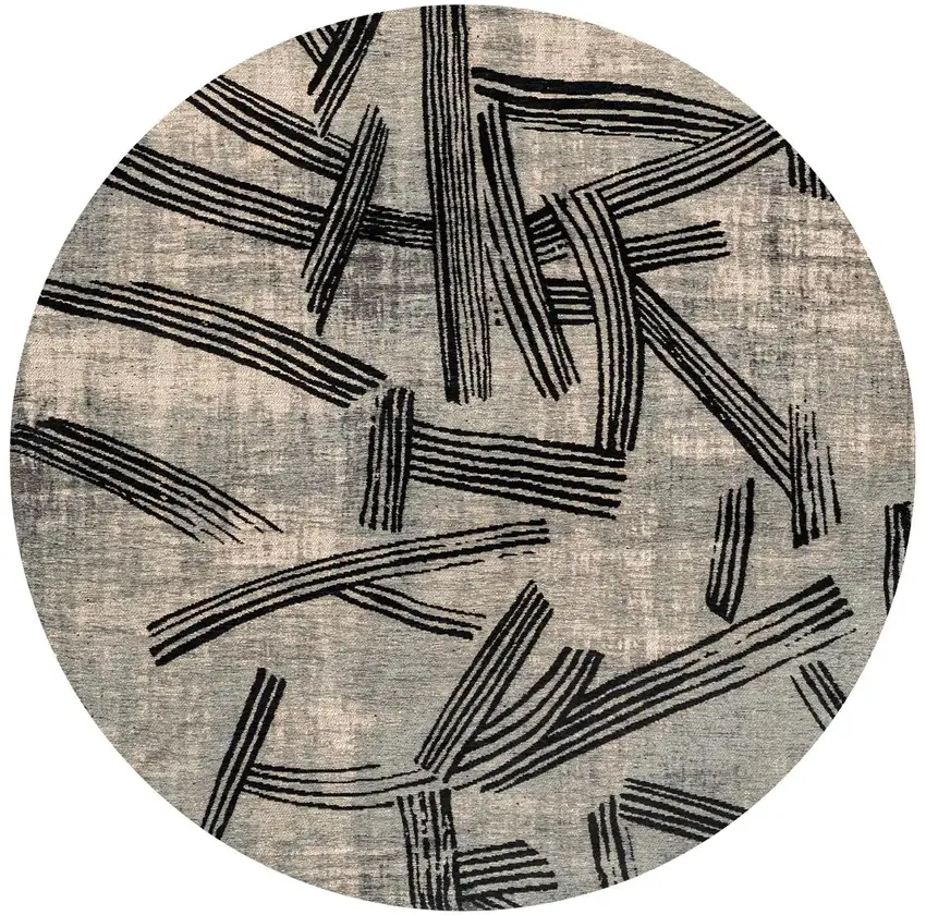 5' Gray And White Abstract Washable Round Rug With UV Protection Photo 2
