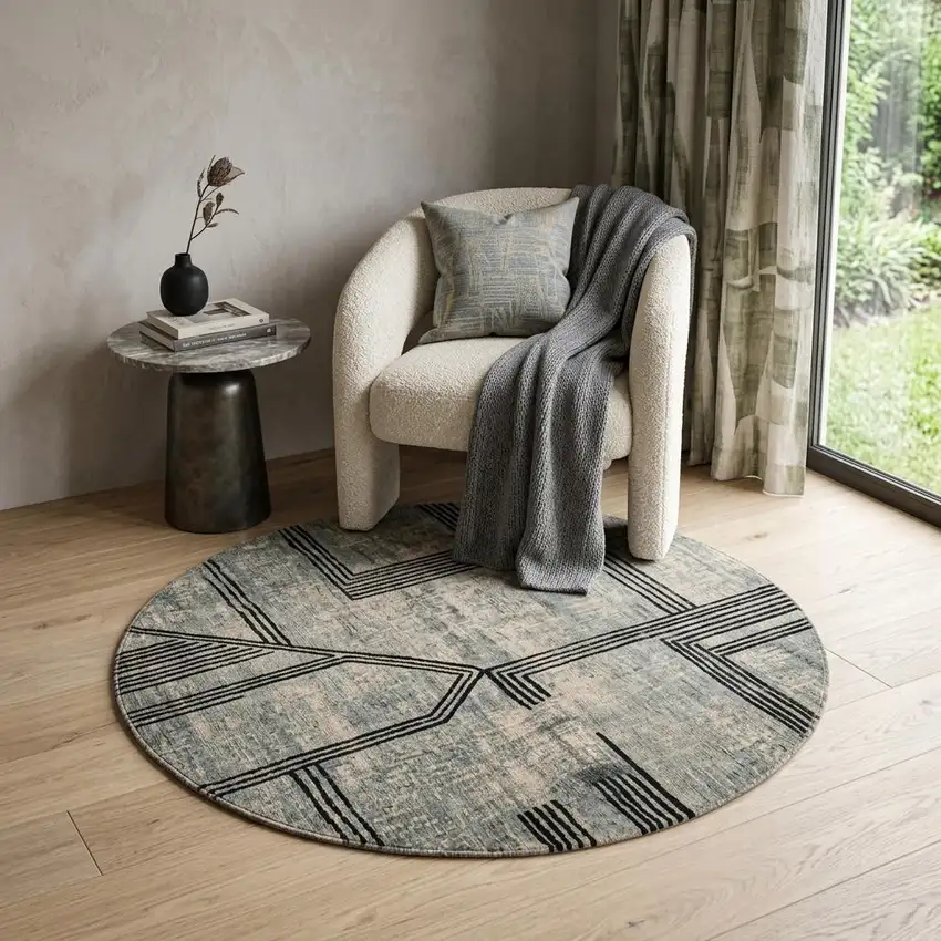5' Gray And White Abstract Washable Round Rug With UV Protection Photo 1