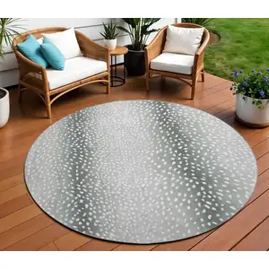 Photo of 8' Gray And White Round Animal Print Washable Indoor Outdoor Area Rug