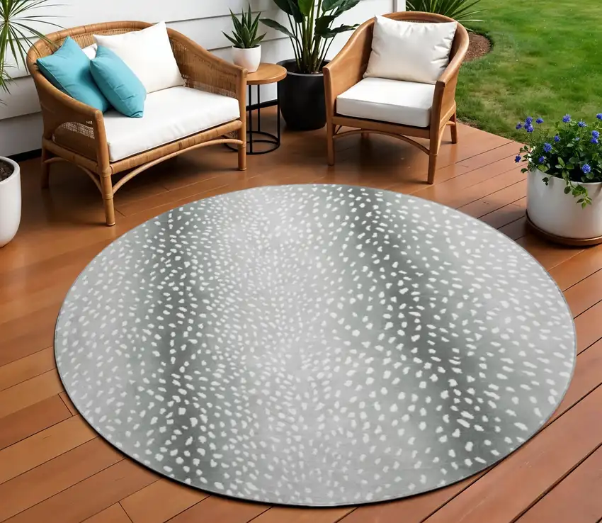 8' Gray And White Round Animal Print Washable Indoor Outdoor Area Rug Photo 1