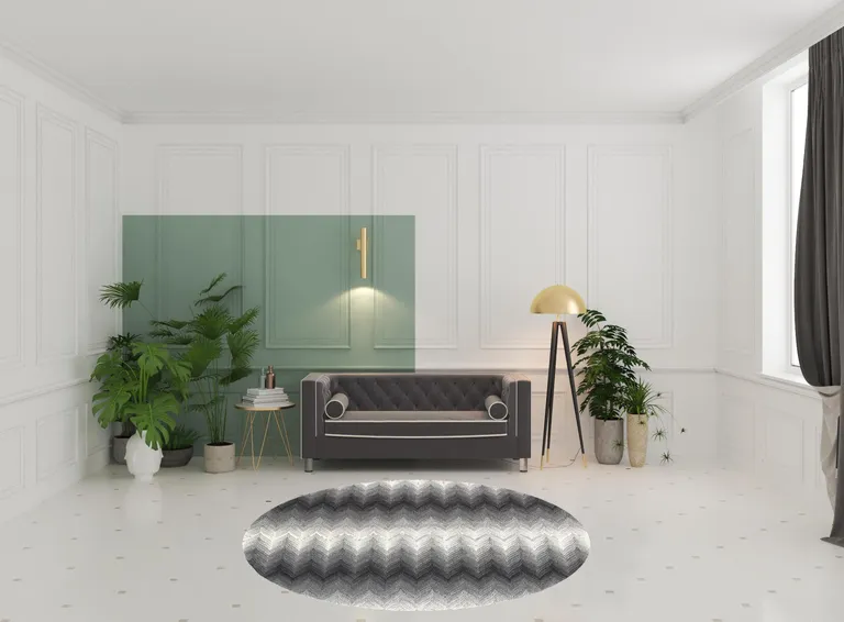 8' Gray And White Round Geometric Stain Resistant Area Rug Photo 2