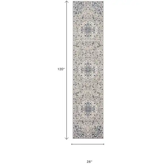 10' Gray Beige And Blue Floral Medallion Runner Rug Photo 3