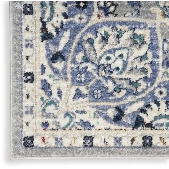 10' Gray Beige And Blue Floral Medallion Runner Rug Photo 8