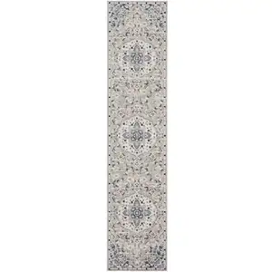 Photo of 10' Gray Beige And Blue Floral Medallion Runner Rug