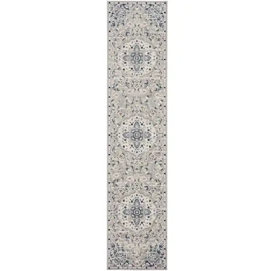 10' Gray Beige And Blue Floral Medallion Runner Rug Photo 2