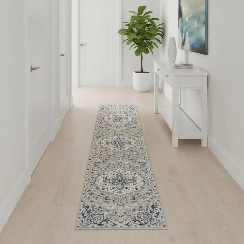 10' Gray Beige And Blue Floral Medallion Runner Rug Photo 1