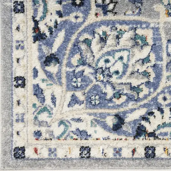 10' Gray Beige And Blue Floral Medallion Runner Rug Photo 6