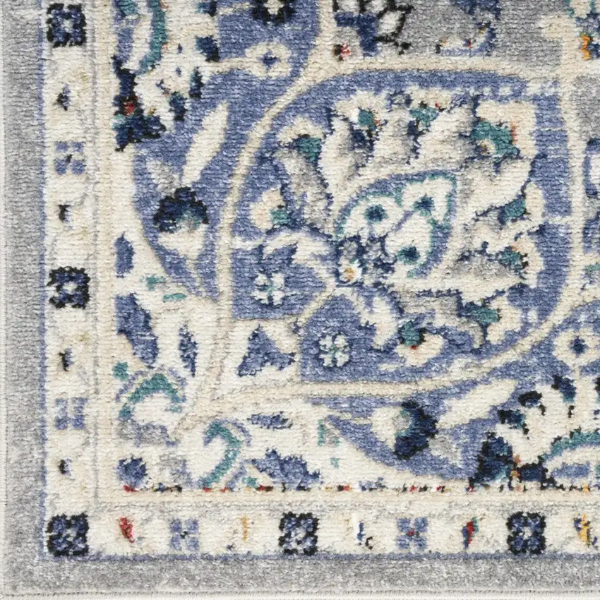 10' Gray Beige And Blue Floral Medallion Runner Rug Photo 6