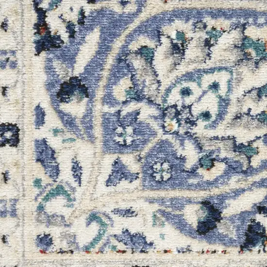 10' Gray Beige And Blue Floral Medallion Runner Rug Photo 7