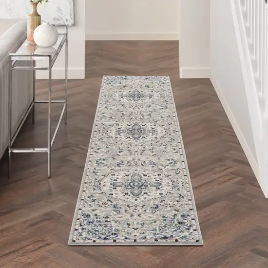 10' Gray Beige And Blue Floral Medallion Runner Rug Photo 4