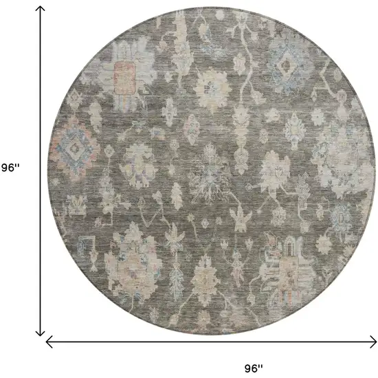 8' Gray Beige And Blue Round Floral Washable Indoor Outdoor Area Rug Photo 8